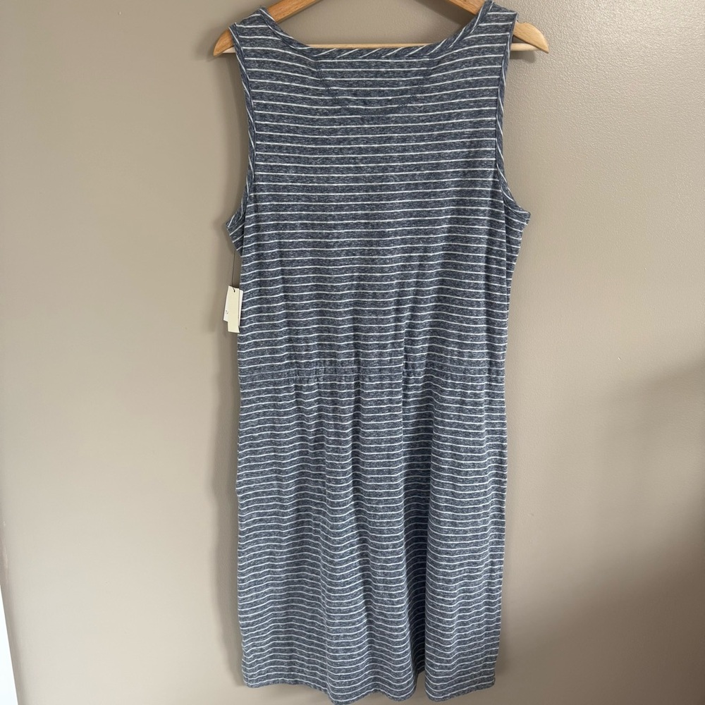 T by TALBOTS Sleeveless‎ Grey White Striped Dress Drawstring Tie Waist Pockets L - Picture 3 of 8